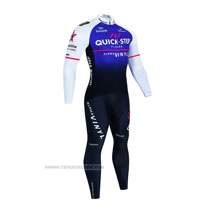 2023 Maillot Cyclisme Deceuninck Quick Step Blanc Bleu Manches Longues et Cuissard